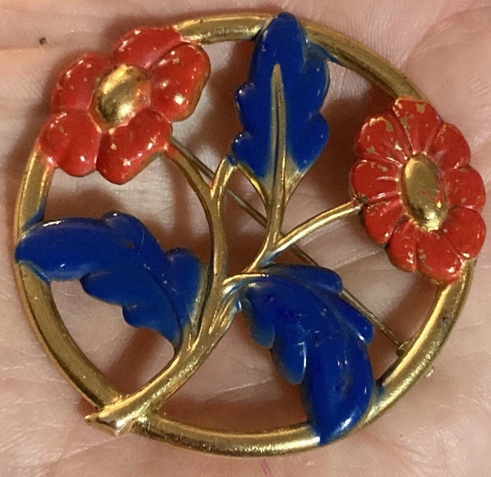 Vintage Large Red Enamel Poppy Flowers Pin Brooch Antique Brass Old Clasp 2”diam
