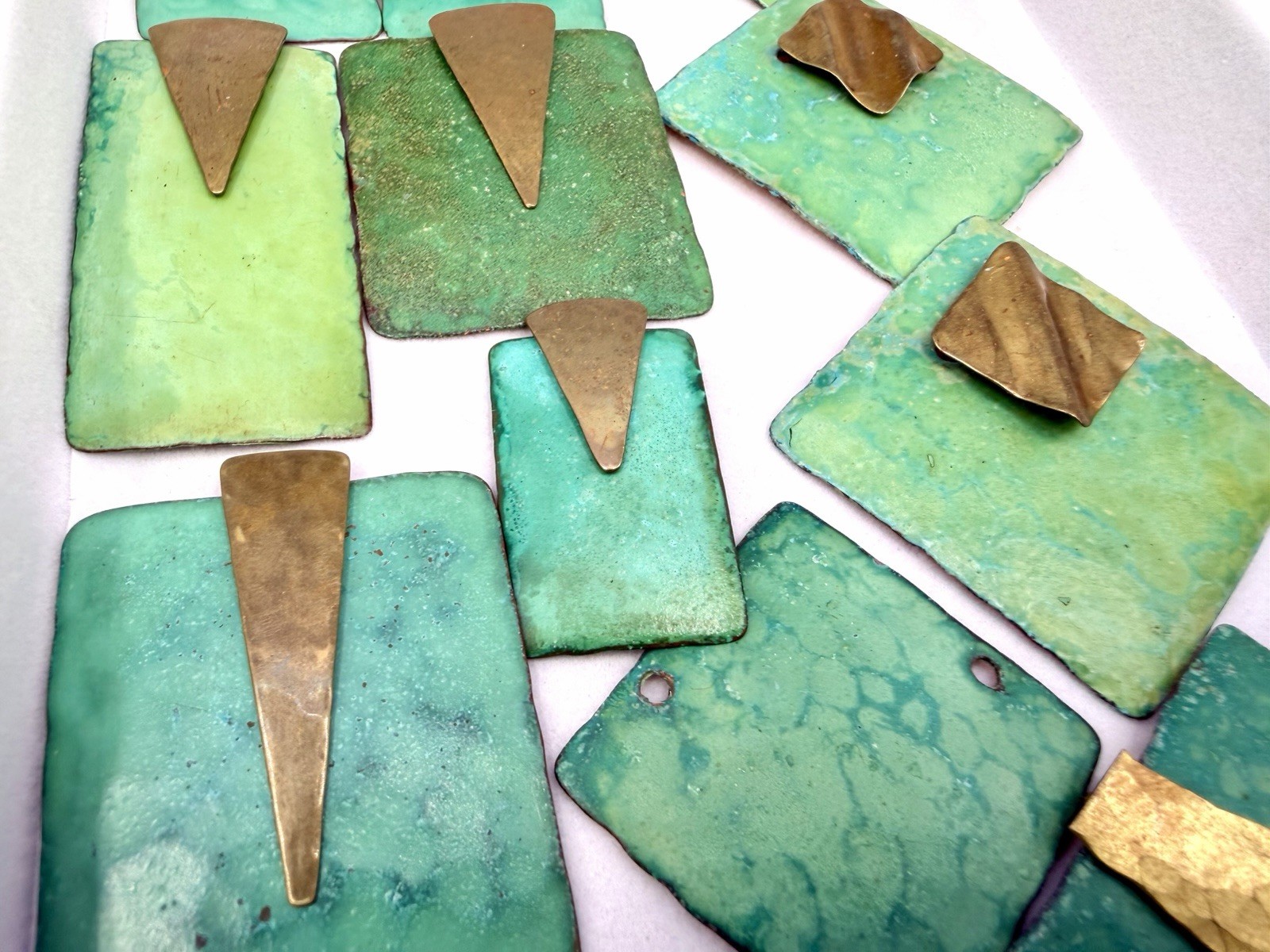 34 Pcs Vintage Handmade Hammered Brass Copper Layered Enamel Green Findings