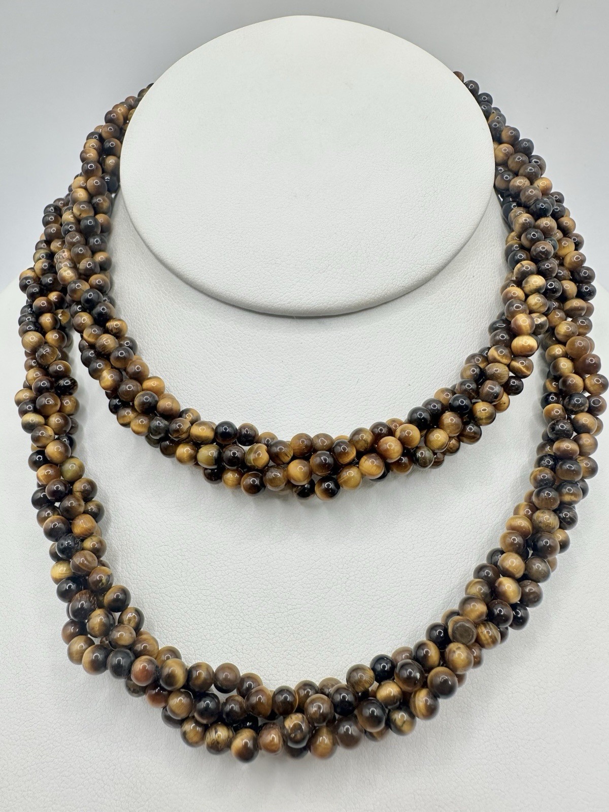 VTG 29In 4 Strand Tigers Eye Bead Necklace Caviar Gold Tone Fish Hook Clasp Read