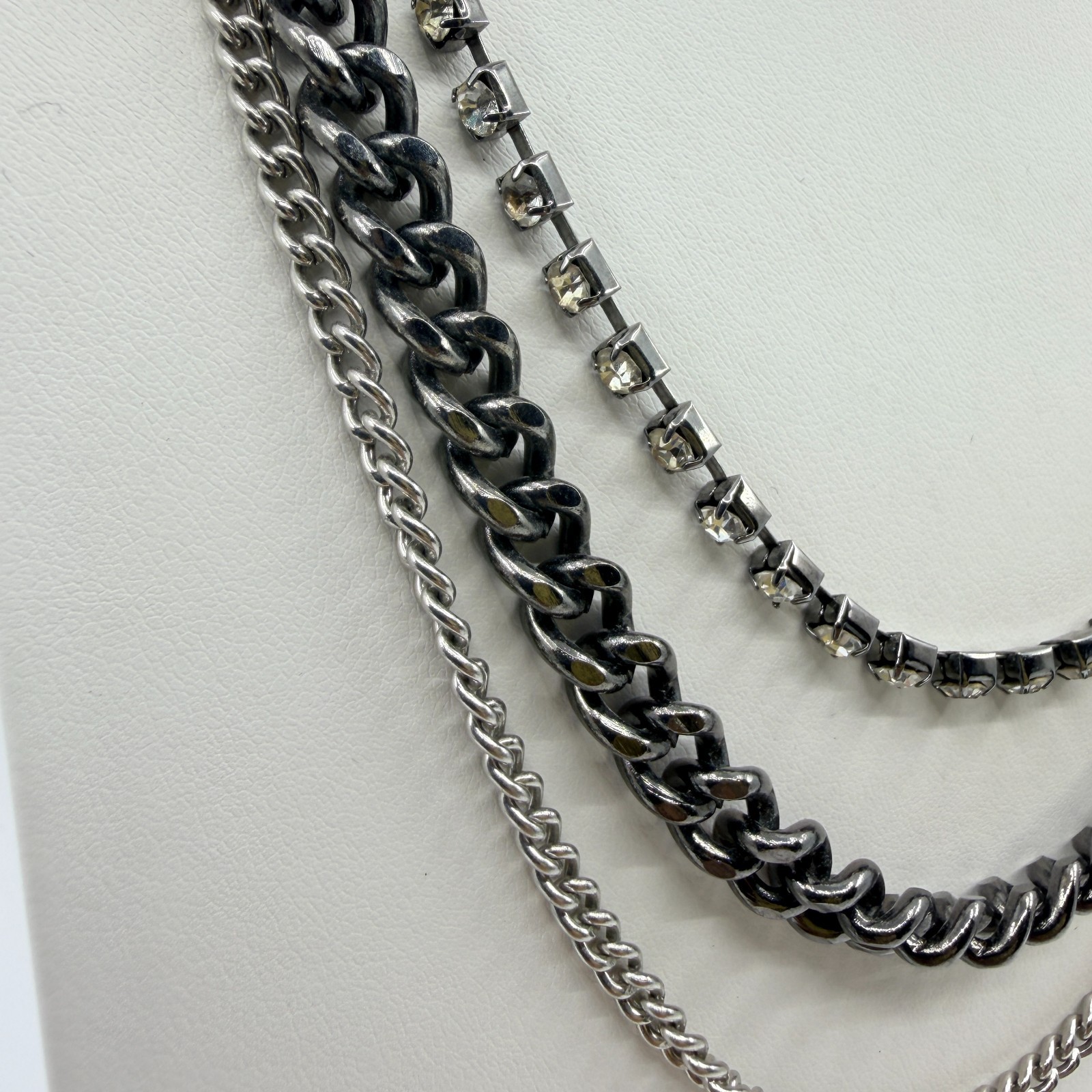 Vintage Gunmetal Tone Layered Necklace Multi Strand Chunky Curb Chain Rhinestone