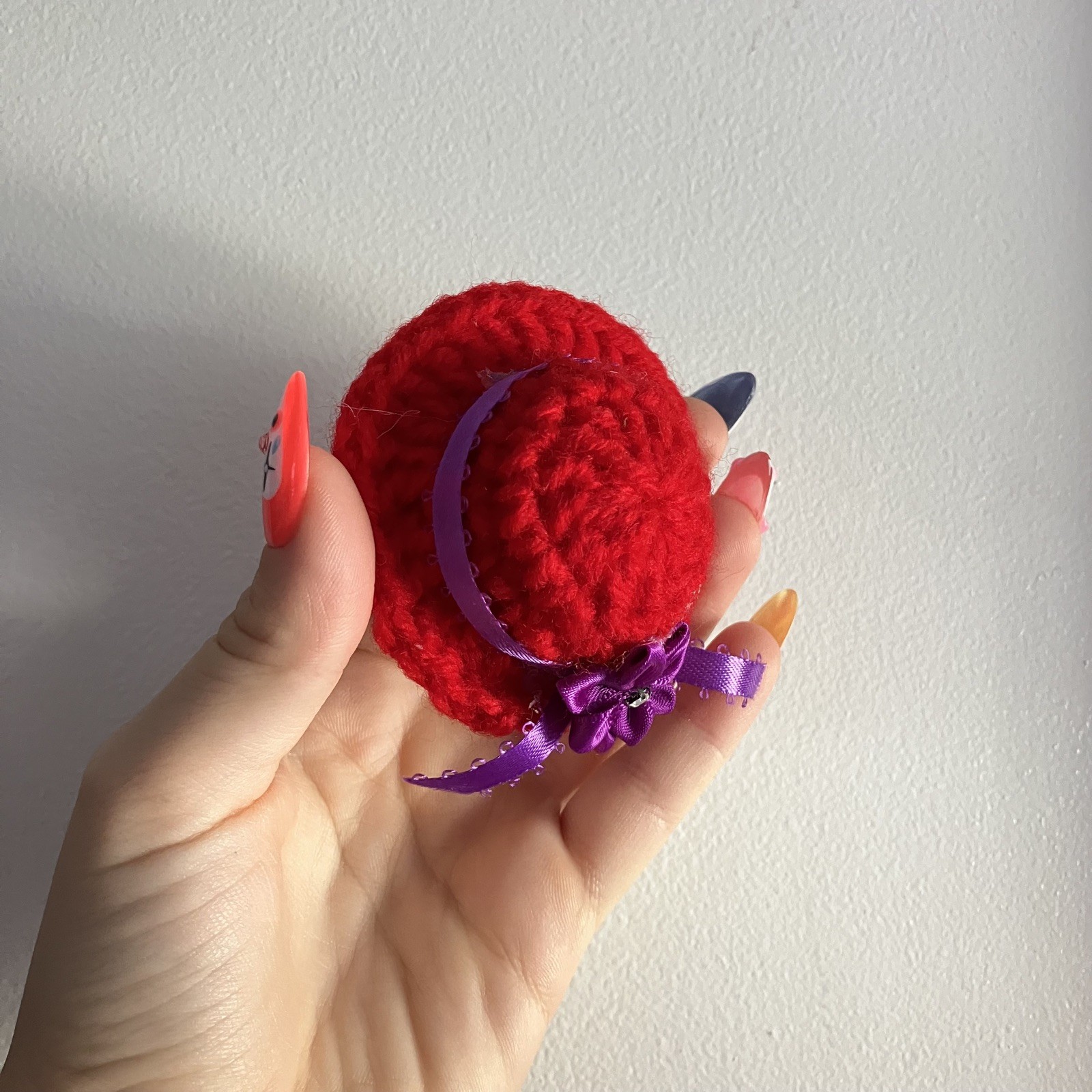 Handmade Crochet Hat Brooch Vintage 90s Y2K Pin Red With Purple Ribbon Bow