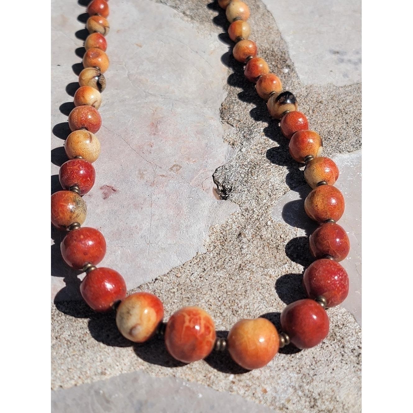Vintage Sponge Coral Bead Necklace 23″ Orange Red Cream Graduated Brass Spacer