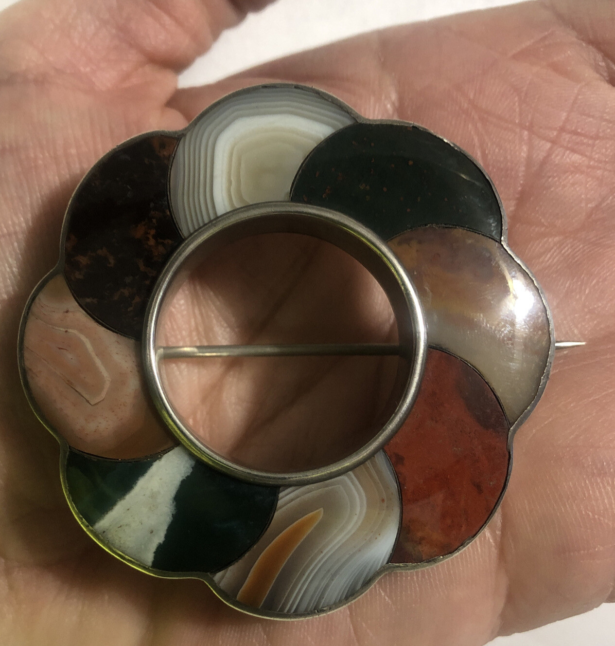Victorian Scottish Bloodstone Agate Sterling Silver Brooch Pin 2”