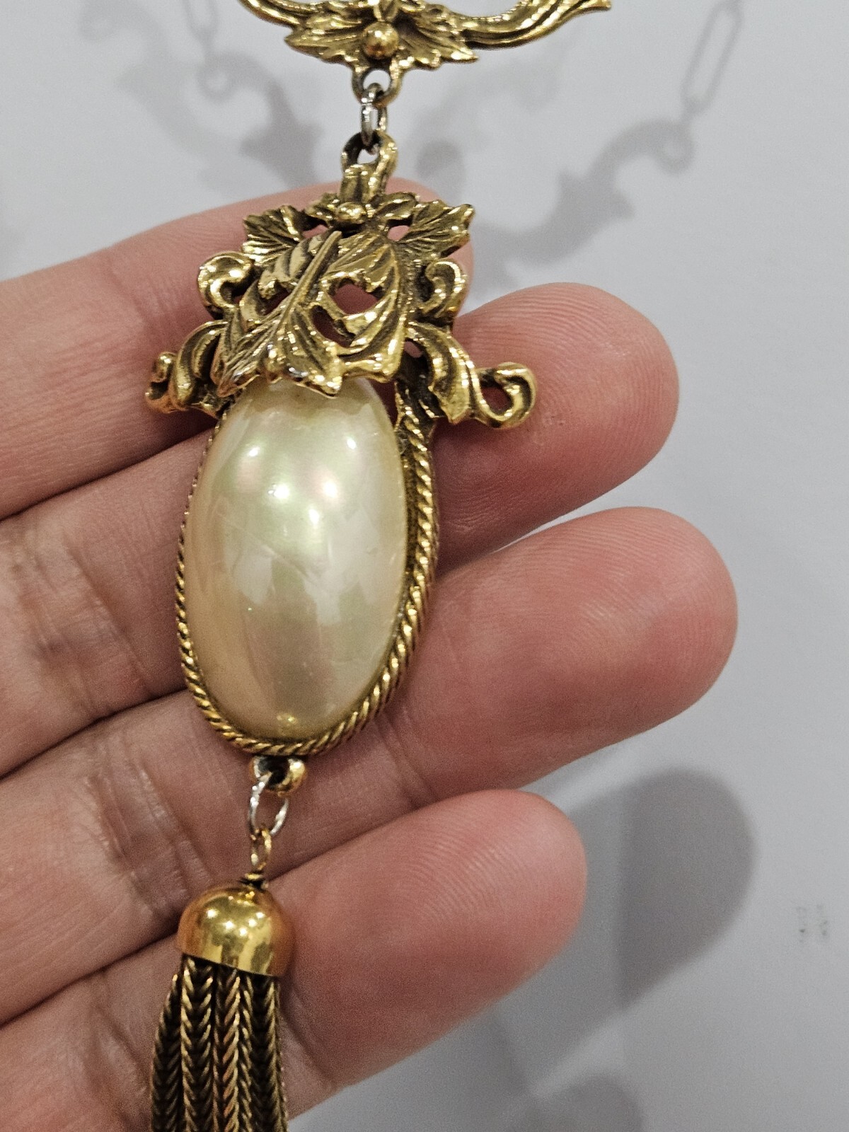 Vintage Goldette White Faux Pearl Dangle Fringe Victorian Revival Necklace 60’s