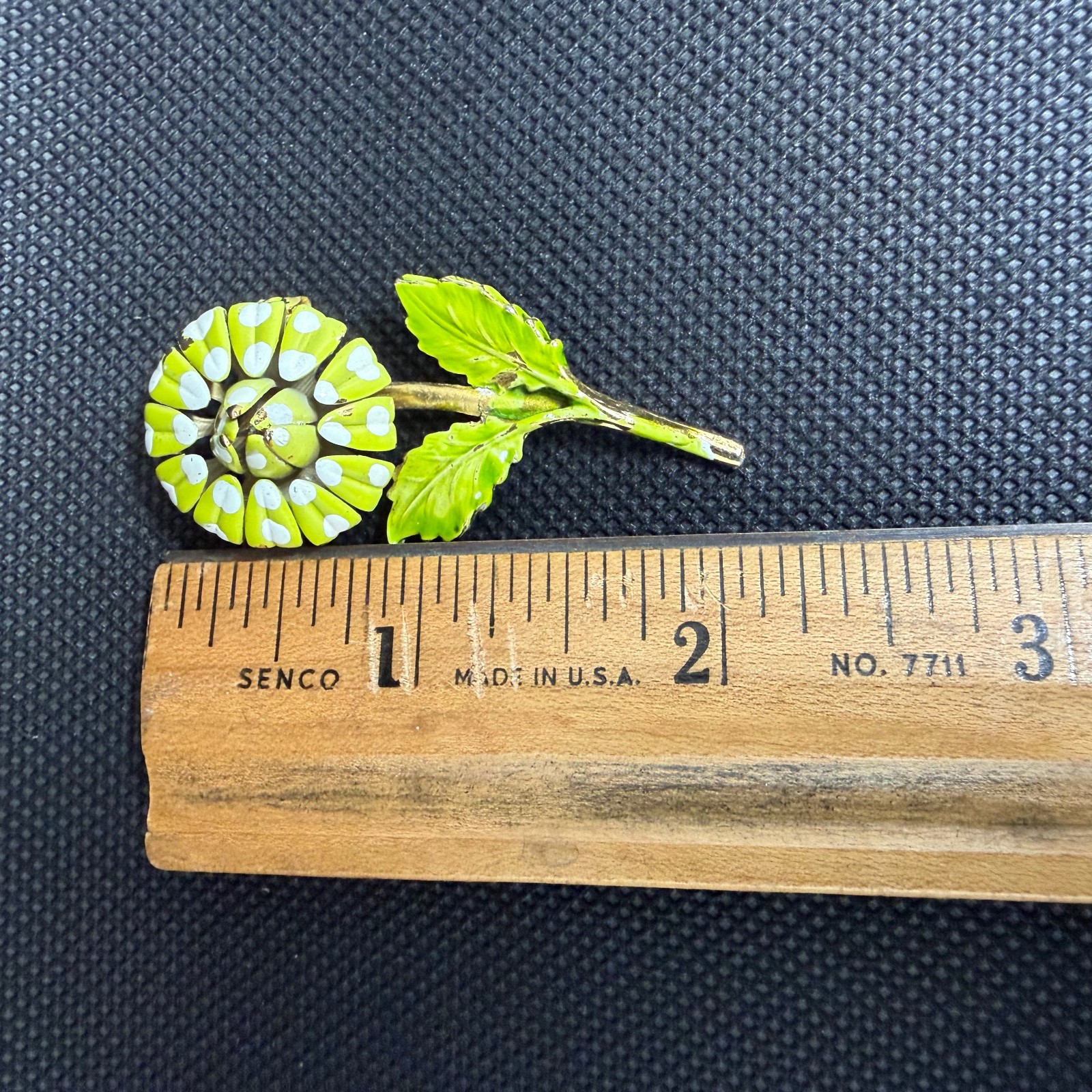 Vtg 1960s Flower Brooch Chartreuse Lime Green White Enamel Polka Dot Mod Pop Art