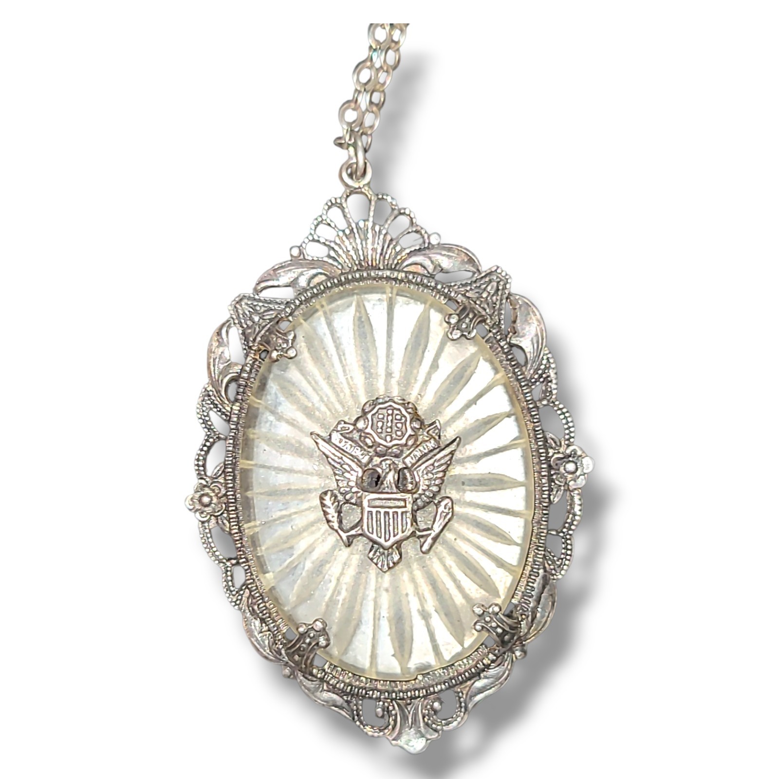 Vintage Sterling Silver Camphor Glass Eagle Pendant Necklace Art Deco 16in