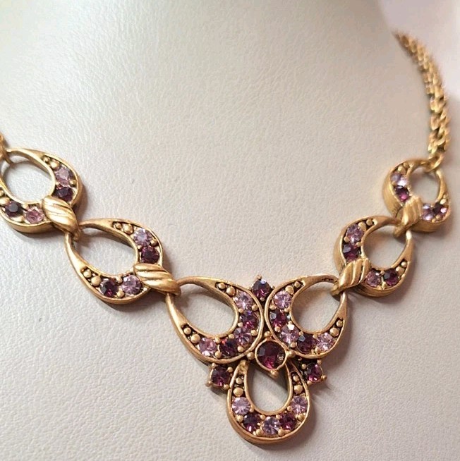 VTG Rosegold CopperTone Link Chain Necklace Princess Purple Lavender Crystals