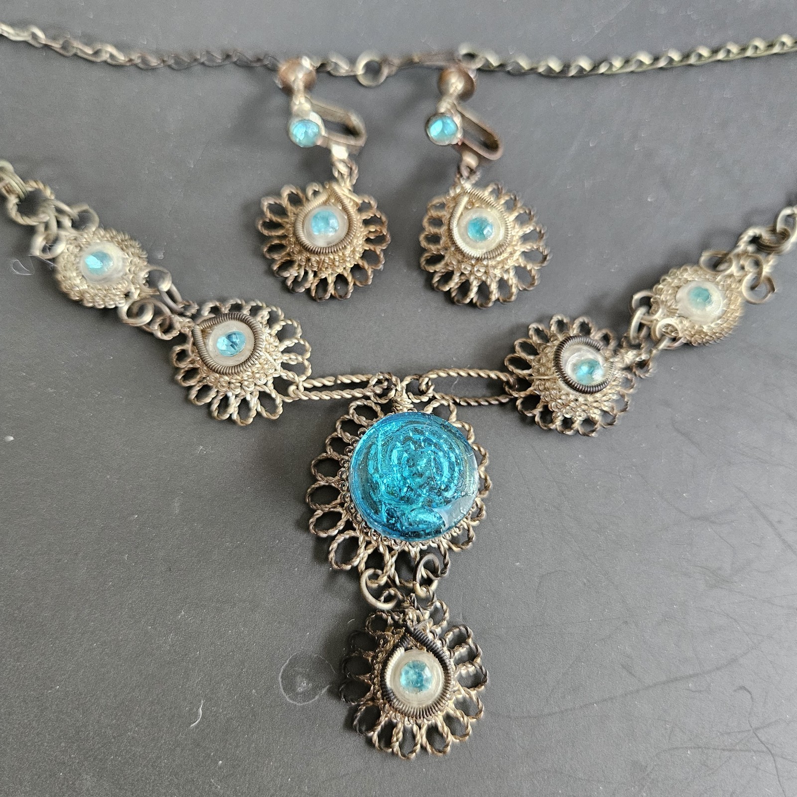 Antique Cannetille Spun Silver Necklace Blue Art Glass Screw Back Earrings Set
