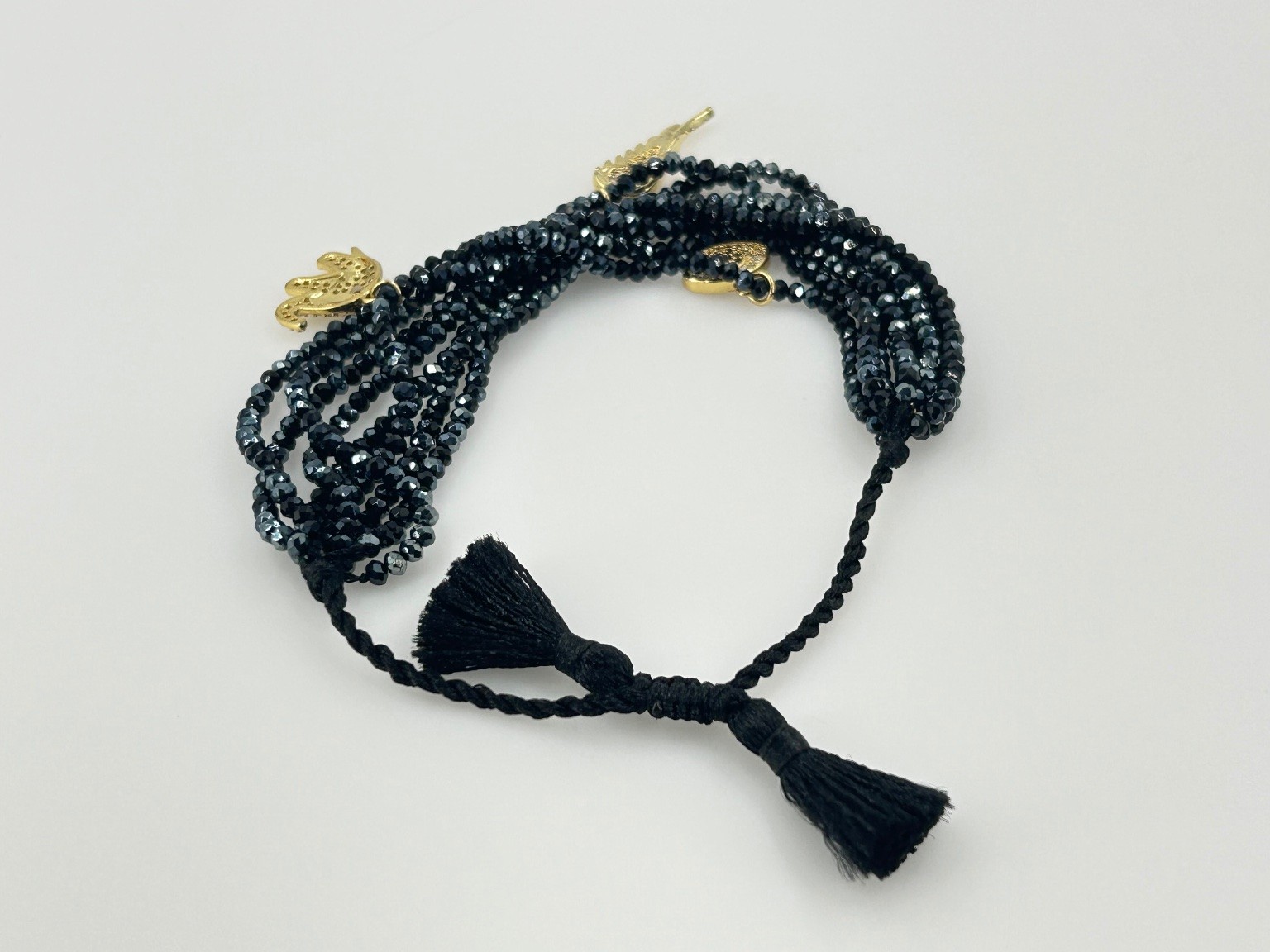 HSN JK NY Gold-Tone Protect Black Beaded Charm Adjustable Bracelet