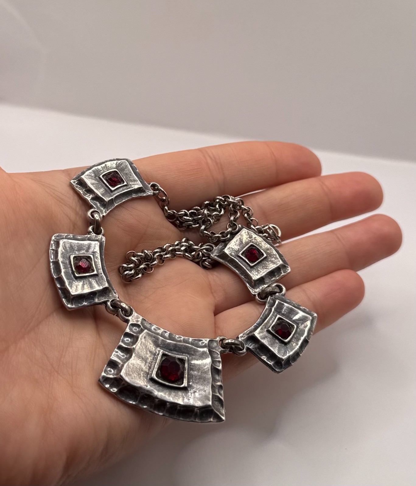 Vintage Silver Tone Statement Necklace Red Stone Geometric Art Deco Style