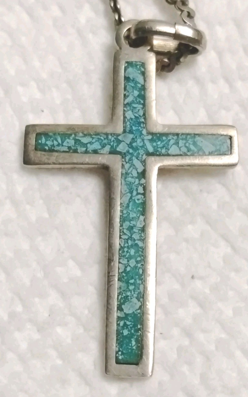 Vintage Estate 925 Sterling Silver Mexico Turquoise Cross Religious Pendant 18″
