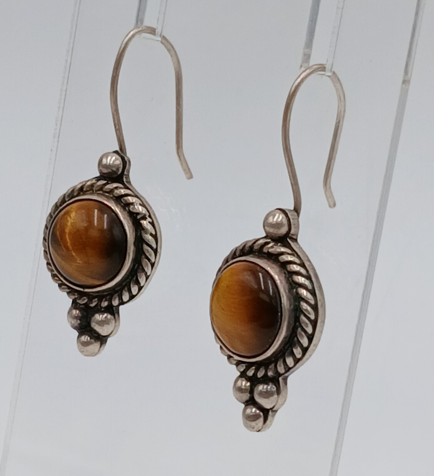 VTG 925 MEX Tigers Eye Earrings 1.75in Sterling Silver 10gtw Southwest Artisan