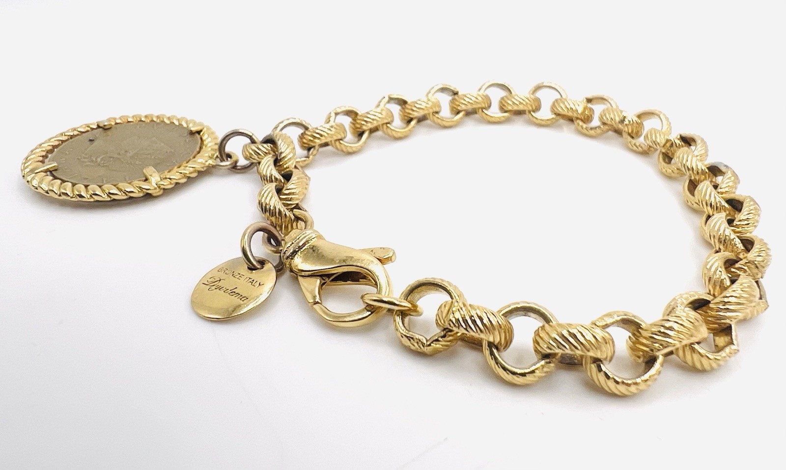 Vintage Dyadema Italy Bronze Coin Chain Link Bracelet 7.5”