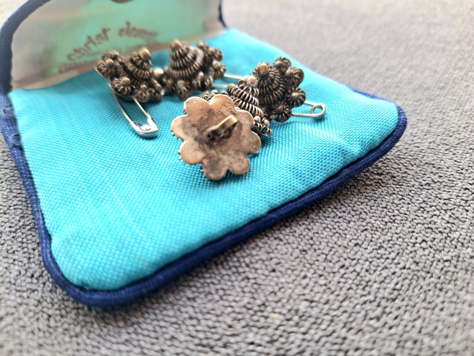 Vtg Thai Cannetille Intricate Filigree Flower Sterling Silver Button Set + Pouch