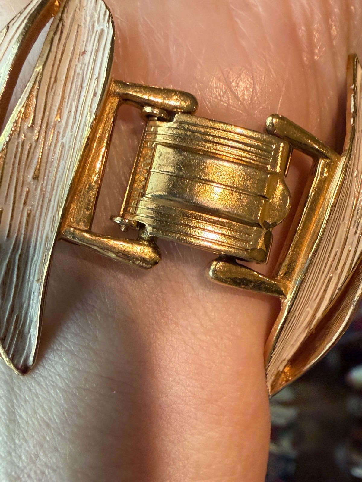 Vintage ART Modernist Bracelet Gold Tone White Enamel Brutalist Sculptural
