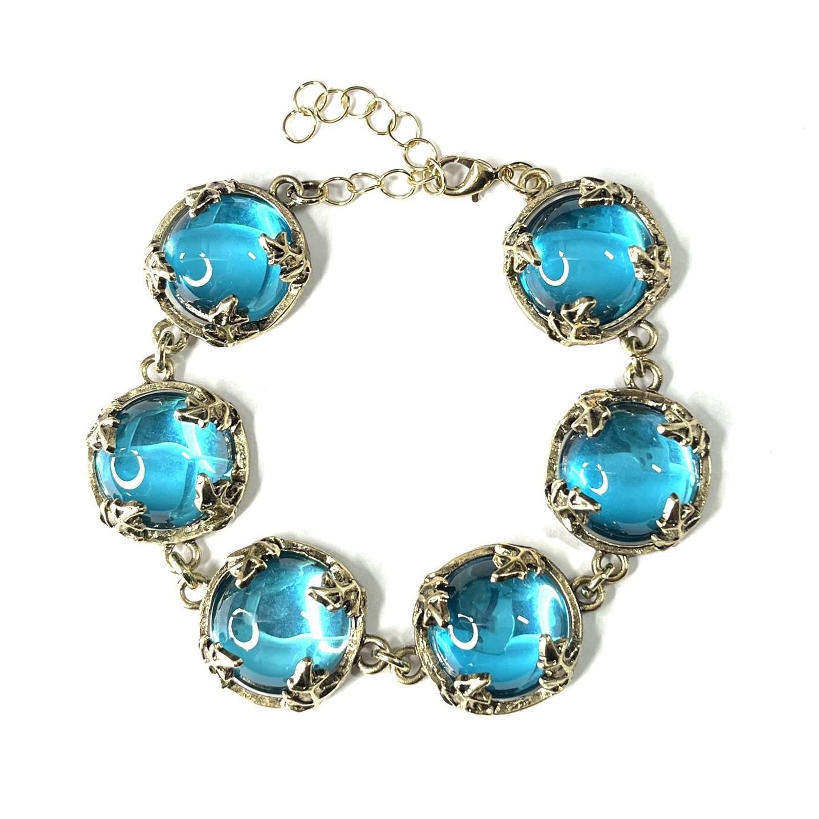 Turquoise Gripoix Glass Cabochon Bracelet Gold Tone Bezel Wide Chunky Statement