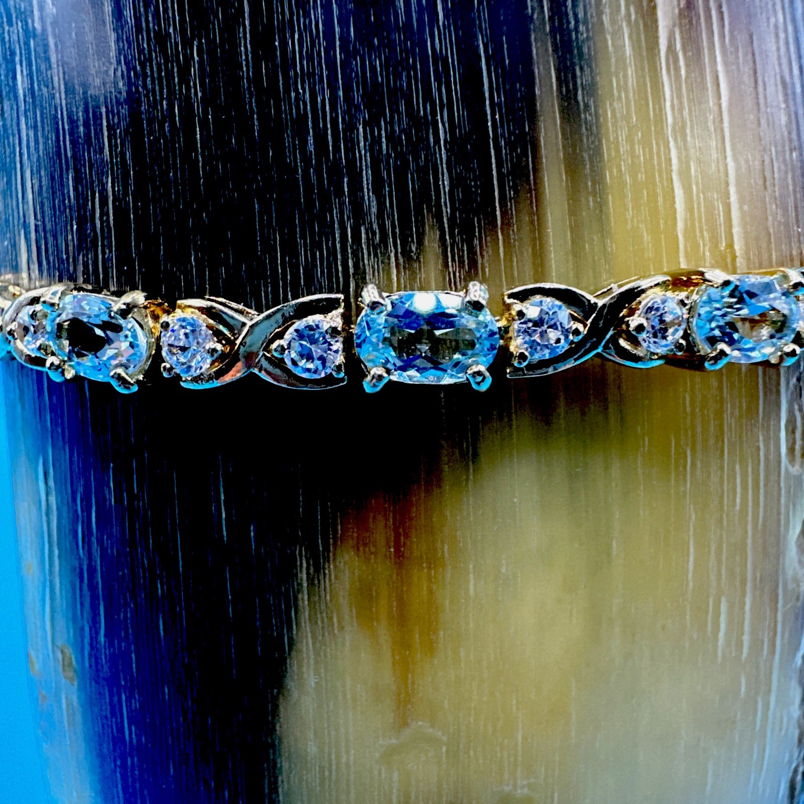 Vintage Suzanne Somers Aqua Blue & White/Colorless CZ 925 Gold Bracelet 7in