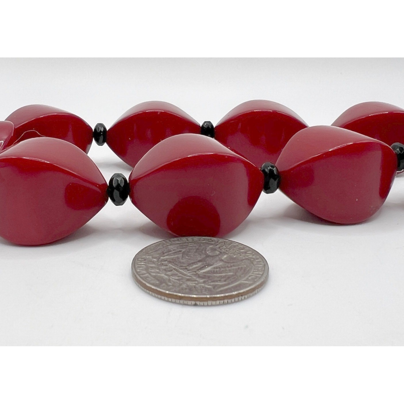 Chunky Red Statement Bead Necklace Black Accent Beads 18″ Bold Vintage Style