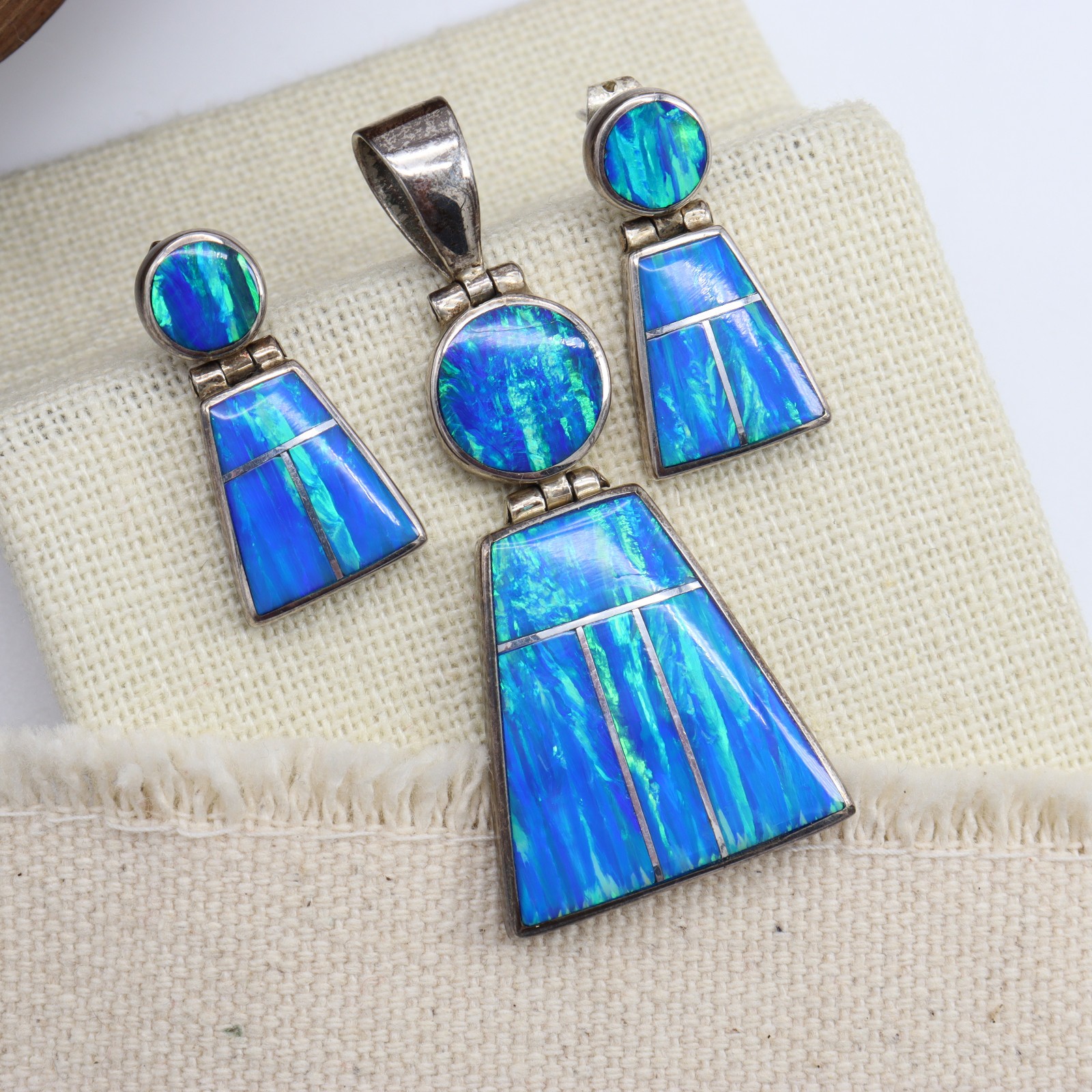 Vtg Sterling Silver 950 Mexico Blue Green Fire Opal Pendant Earrings Set Inlay