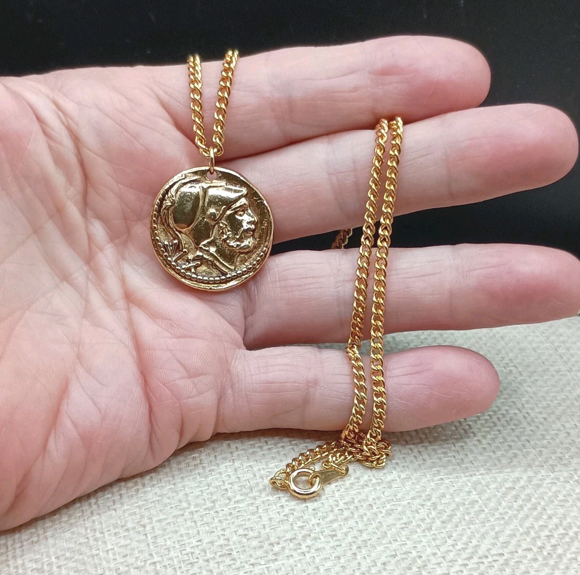 Vintage Avon Coin Pendant Necklace Double Sided Roman Soldier Eagle Gold Tone