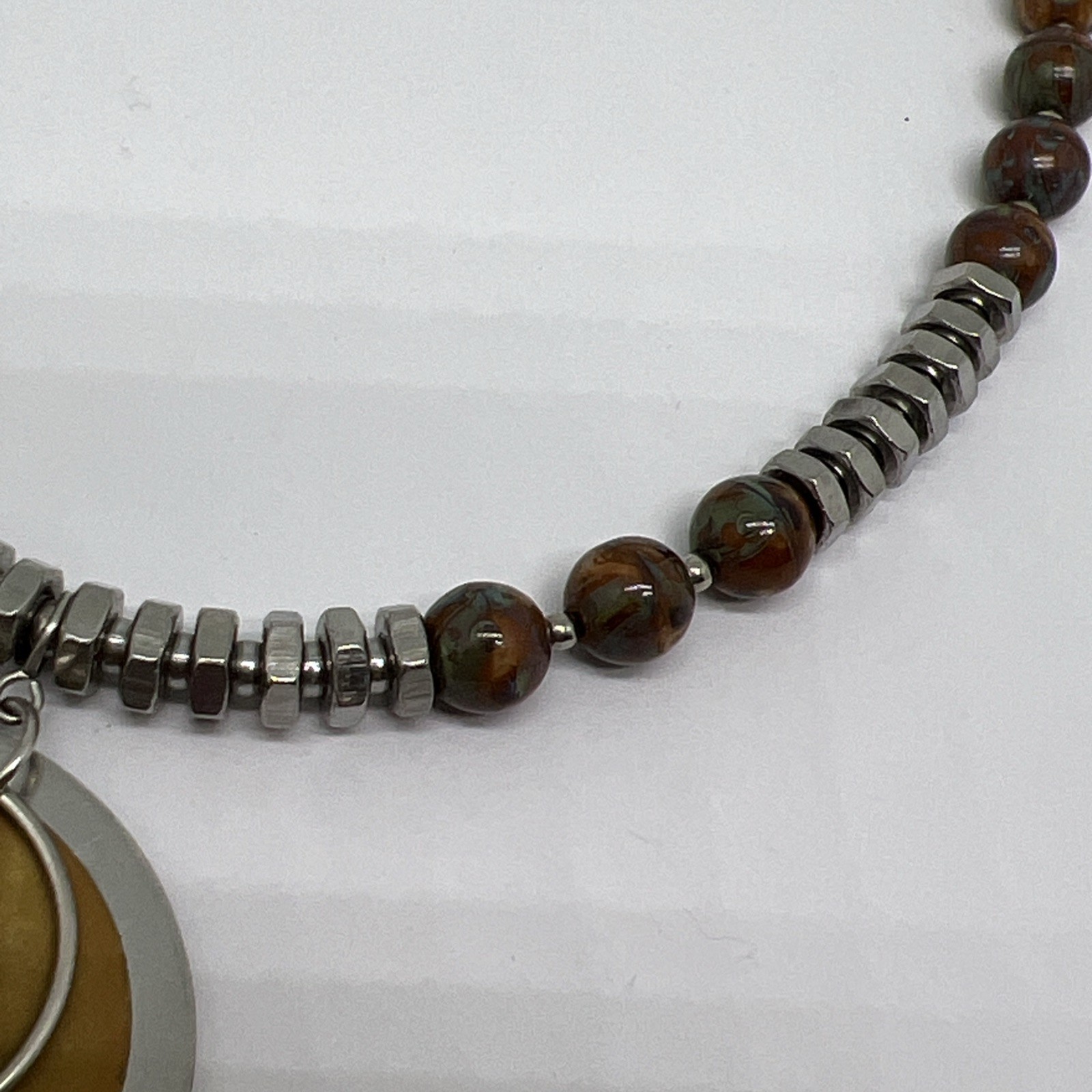 Vintage Modernist Geometric Disk Pendant Necklace Industrial Metal Resin Bead