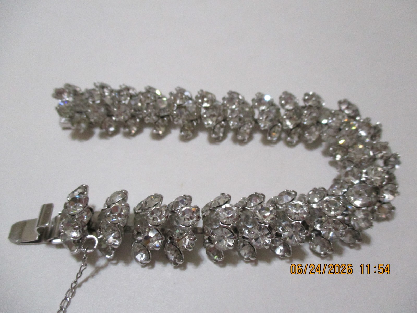 Vintage High End Rhinestone & Silver Tone Bracelet with Safety Chain 7.5 “