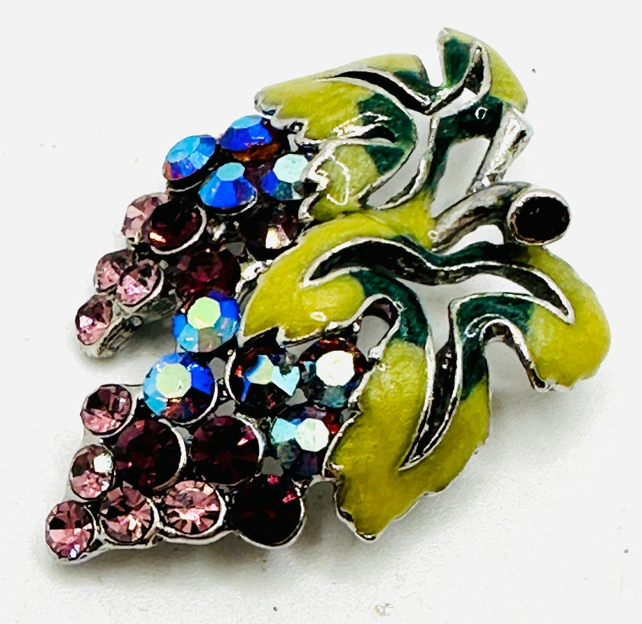 Gorgeous Glittering Vtg AB Purple Rhinestone Enamel Grape Cluster Brooch
