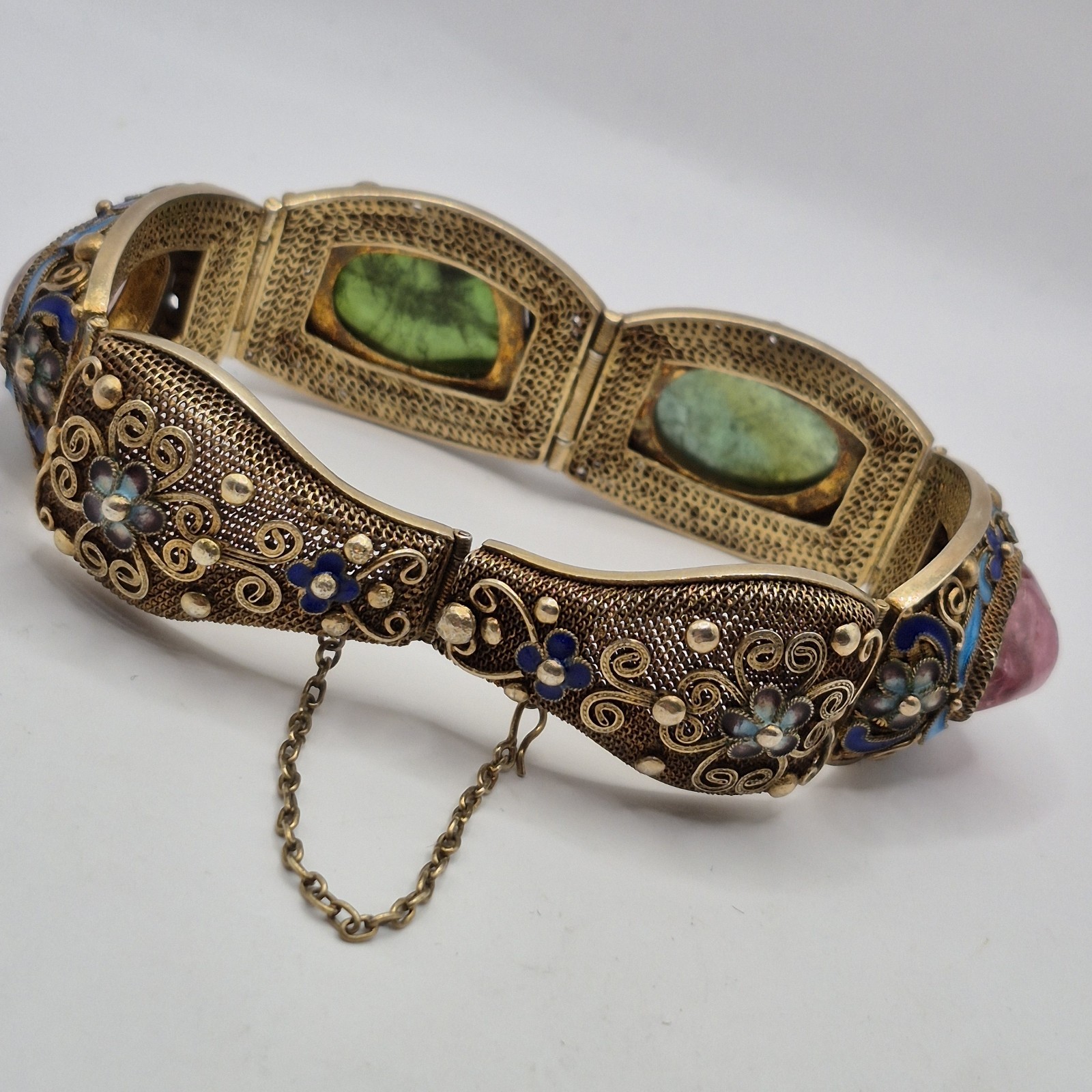 Vintage Silver W/ Gold Wash Chinese Export Tourmaline Enamel Filigree Bracelet