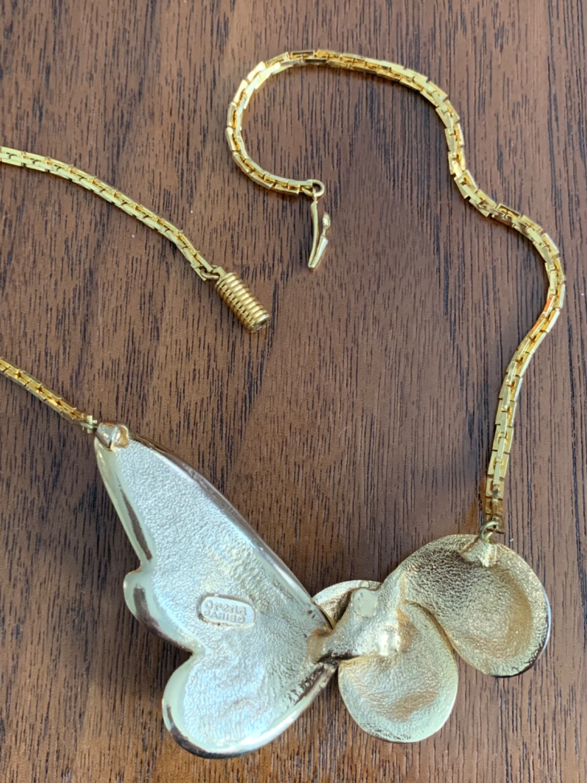 Vintage Orena Paris Gold Tone Black Enamel Necklace Butterfly Papillon