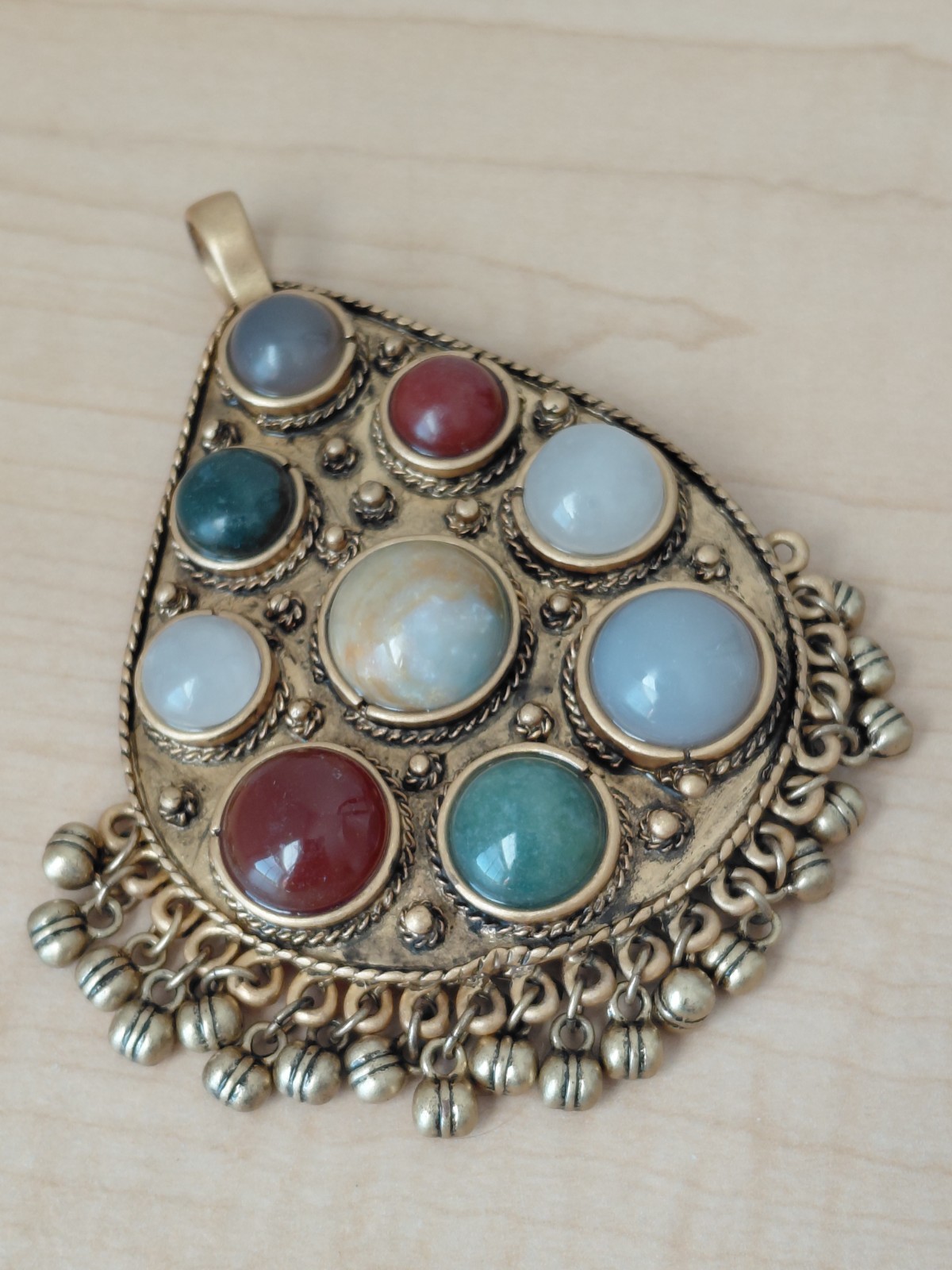 Vintage Glass Pendant _Agate Natural Stone Large – 4 In Length-Gold Tone