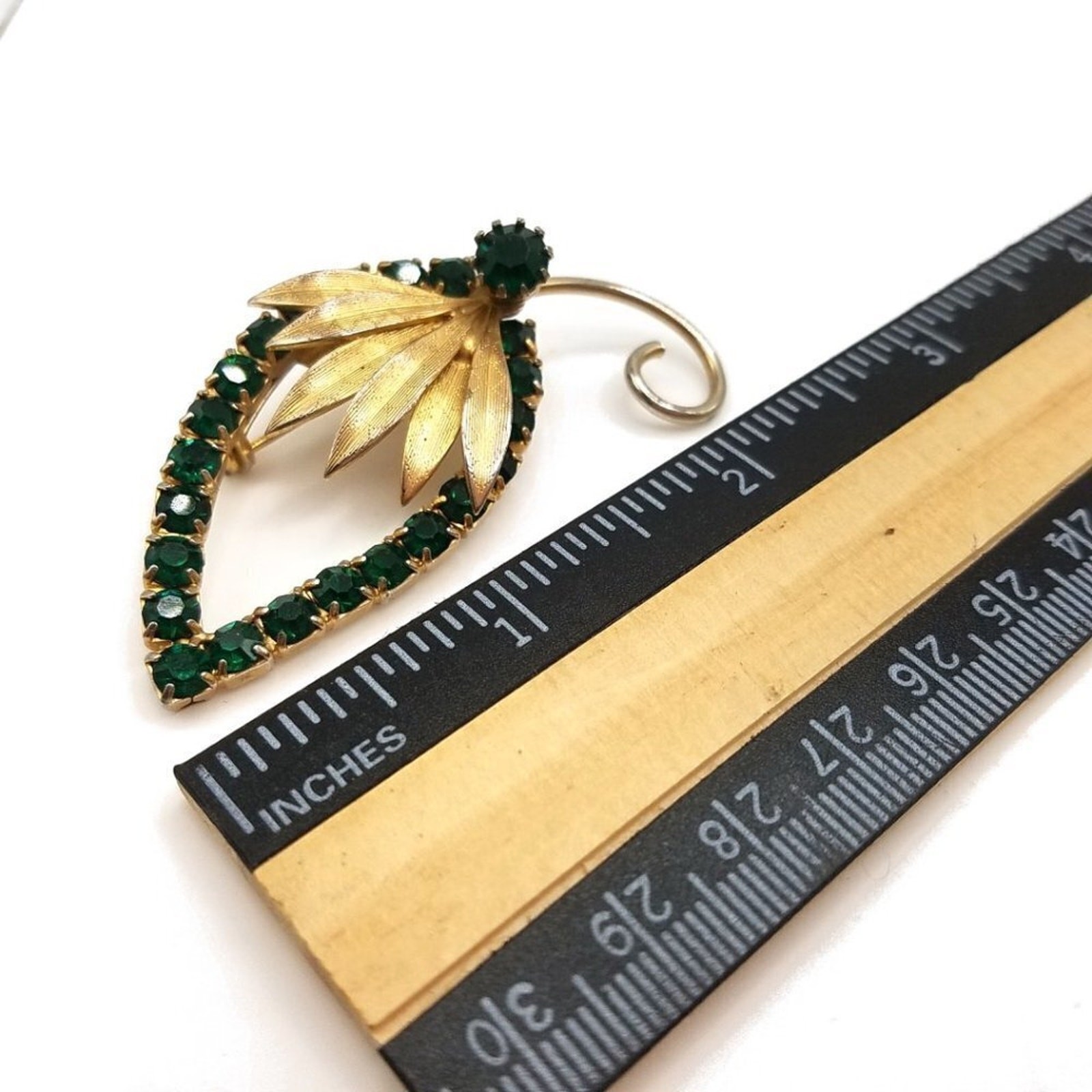Vintage Green Rhinestone Floral Brooch, Mid-Century, 2 3/8 Inches