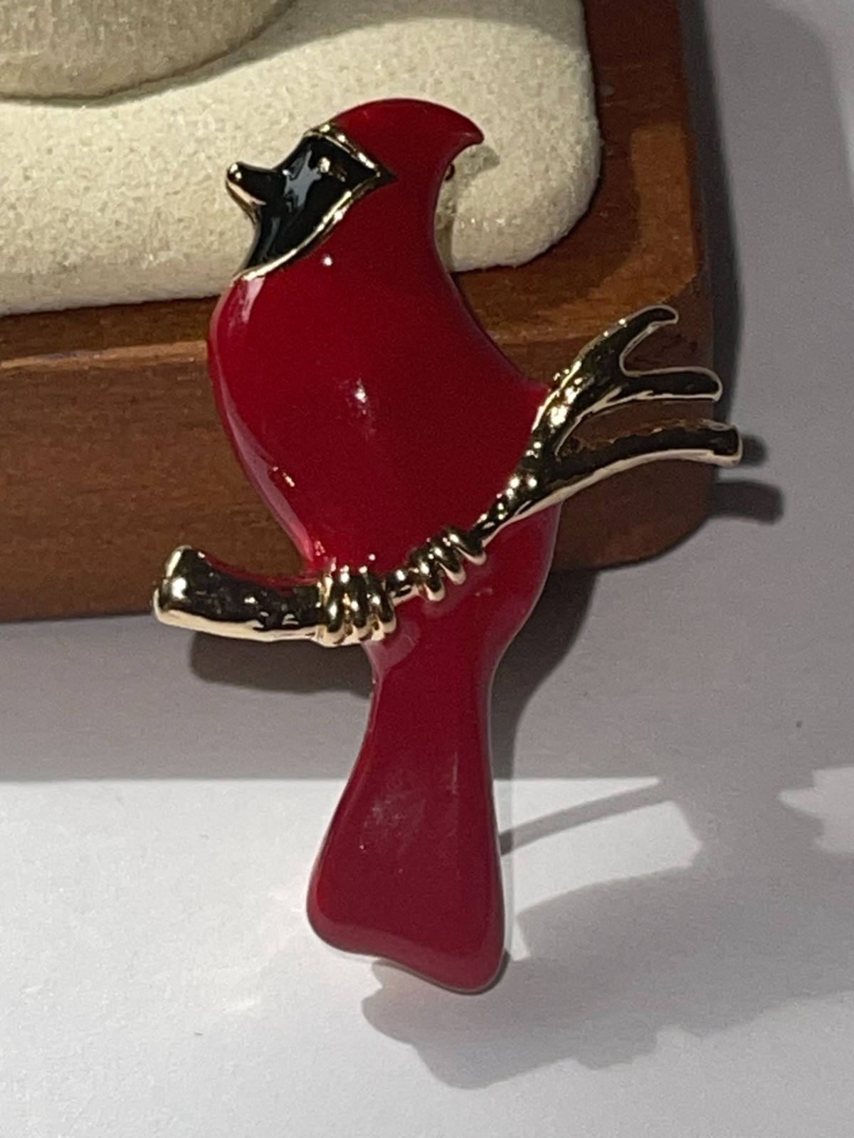 Cardinal Bird Brooch Pin With Gold-Tone Branch Red Enamel Finish