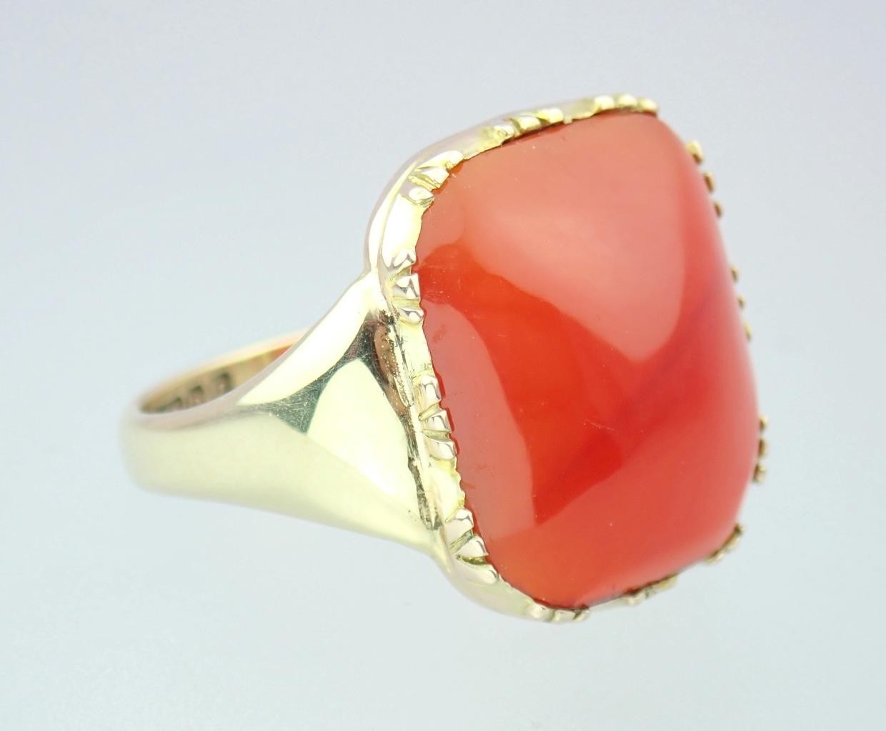 Glowing Antique Victorian DEAKIN & FRANCIS 9K Gold Carnelian Sugarloaf Ring Sz 7