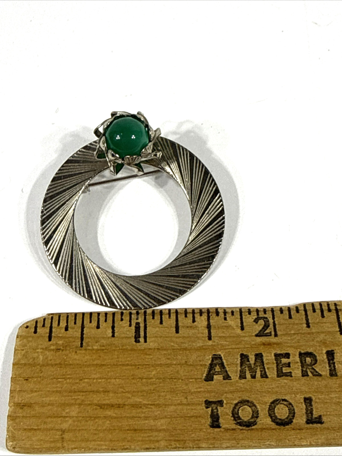 Round Textured Brooch Pin With Round Teal Stone Silver Tone 1 1/2 Inch Vtg