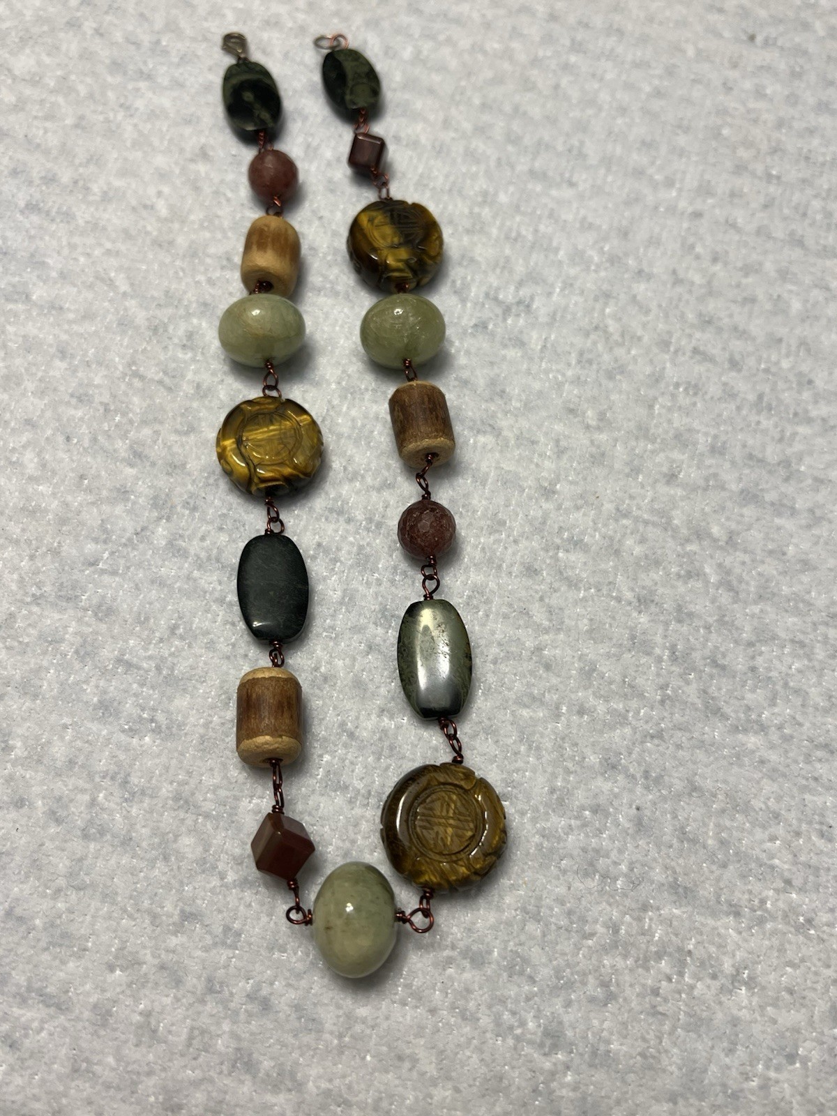 ESTATE CHINESE CARVED TIGERS EYE, JADE JASPER STONE NECKLACE 18” STERLING COPPER