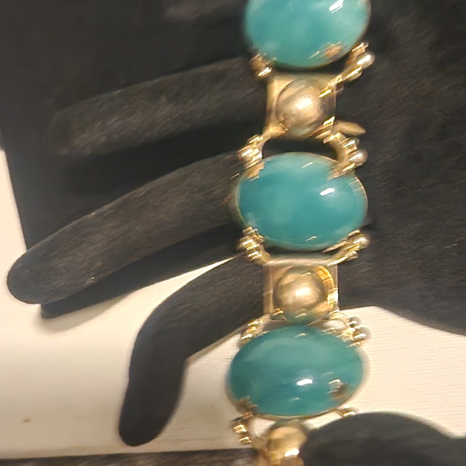 Vintage Gold Tone Green Oval Cabochon Link Statement Bracelet Retro 6 inch