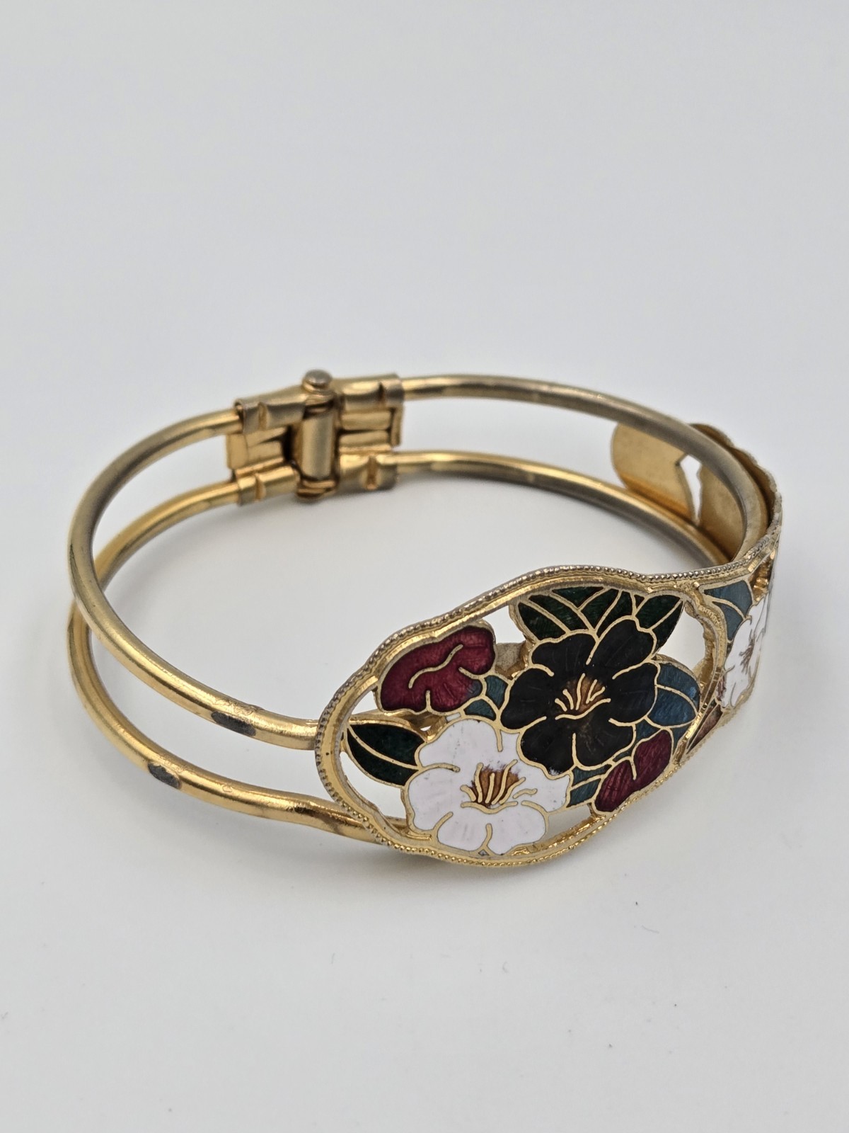 ​Vintage Taiwan ROC Cloisonné Enamel Floral Bypass Hinged Bangle Bracelet…