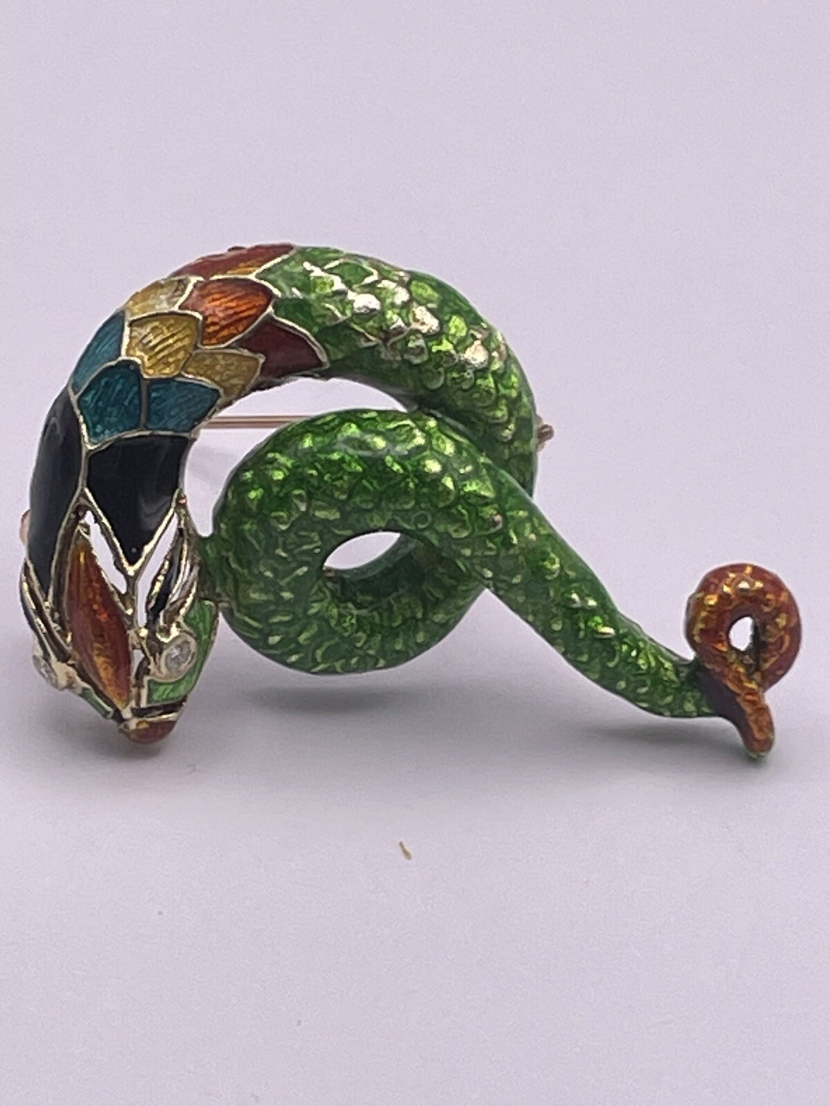 Vintage 14k Solid Gold Enameled Snake Brooch-pendant,Natural Diamond Eyes,21.4g