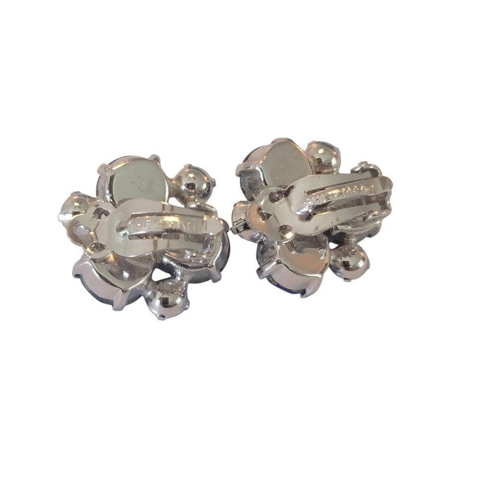 Vintage Sherman Blue Swarovski Crystal & Rhodium Clip Earrings