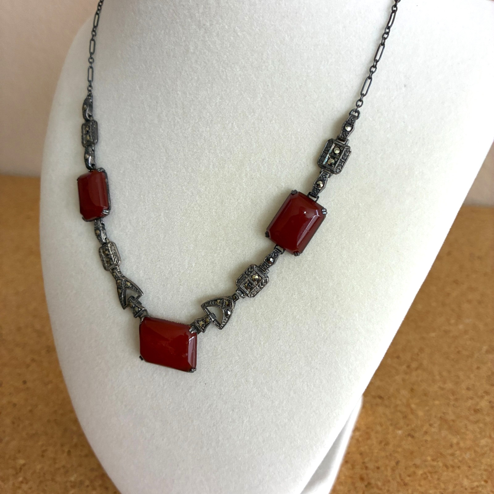 Antique Art Deco Carnelian Glass Sterling Silver & Rhinestones Necklace 16″
