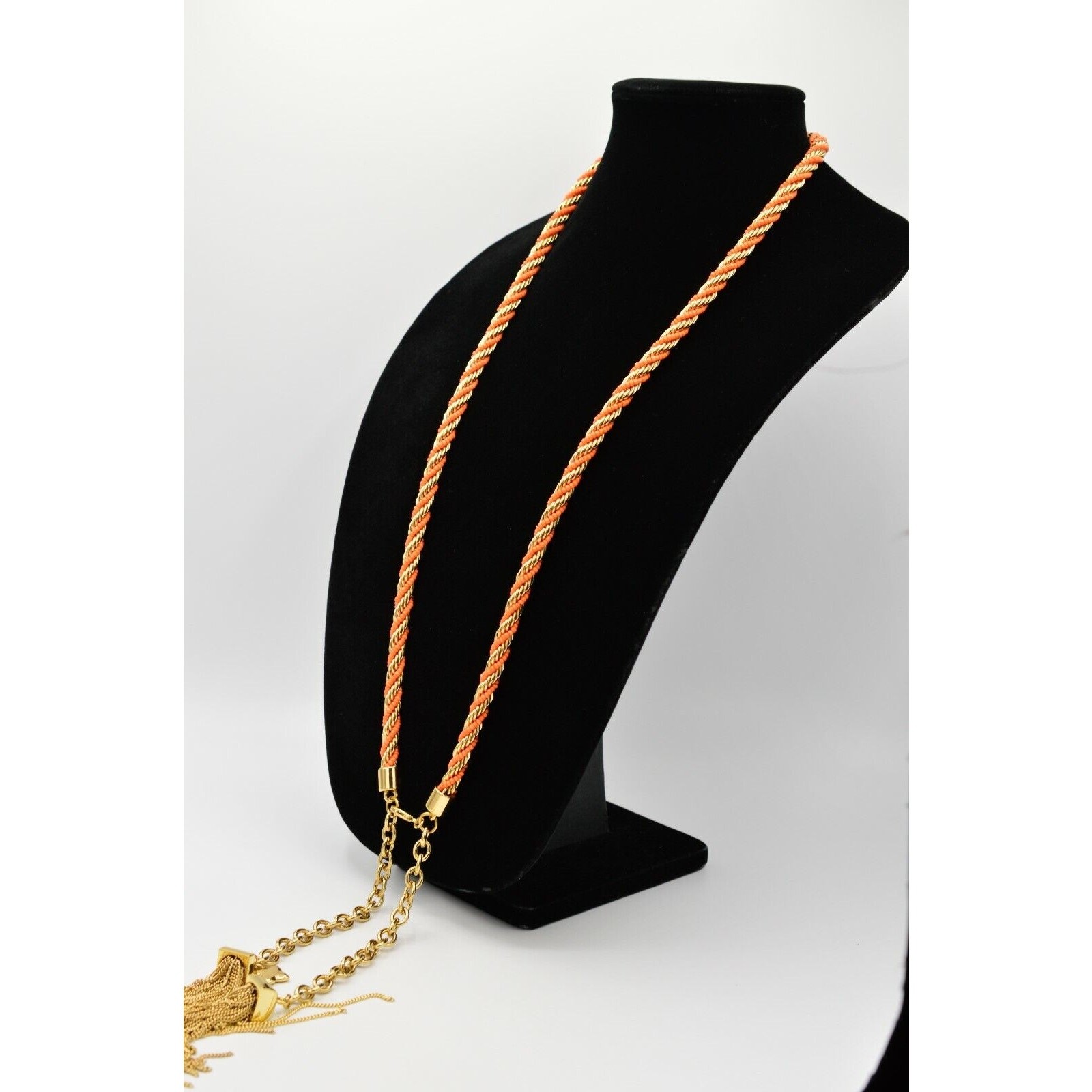 BCBG Max Azria Tassel Statement Necklace Orange Beaded Gold Chain Fringe BinN