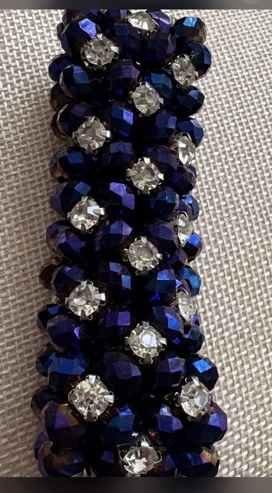 Stunning beaded iridescent blue purple with rhinestone stretch vintage bracelet