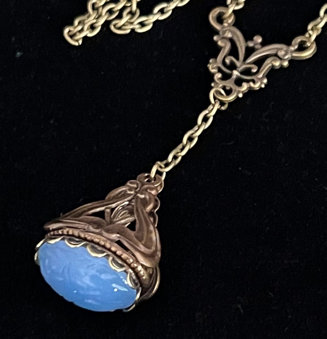 Vintage Necklace Art Nouveau Brass Watch Fob Pendant W/ Egyptian Scarab
