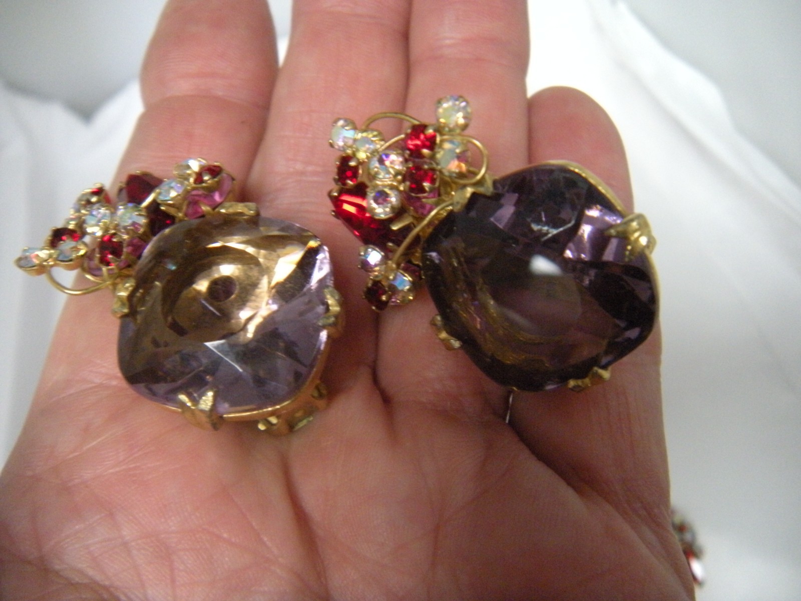 JULIANA Purple Pink Red Rhinestone Vintage Brooch Earring Set