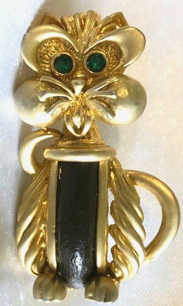 Vintage Signed ORENA PARIS Leather Inset CAT Figural Pin/Brooch,fjt