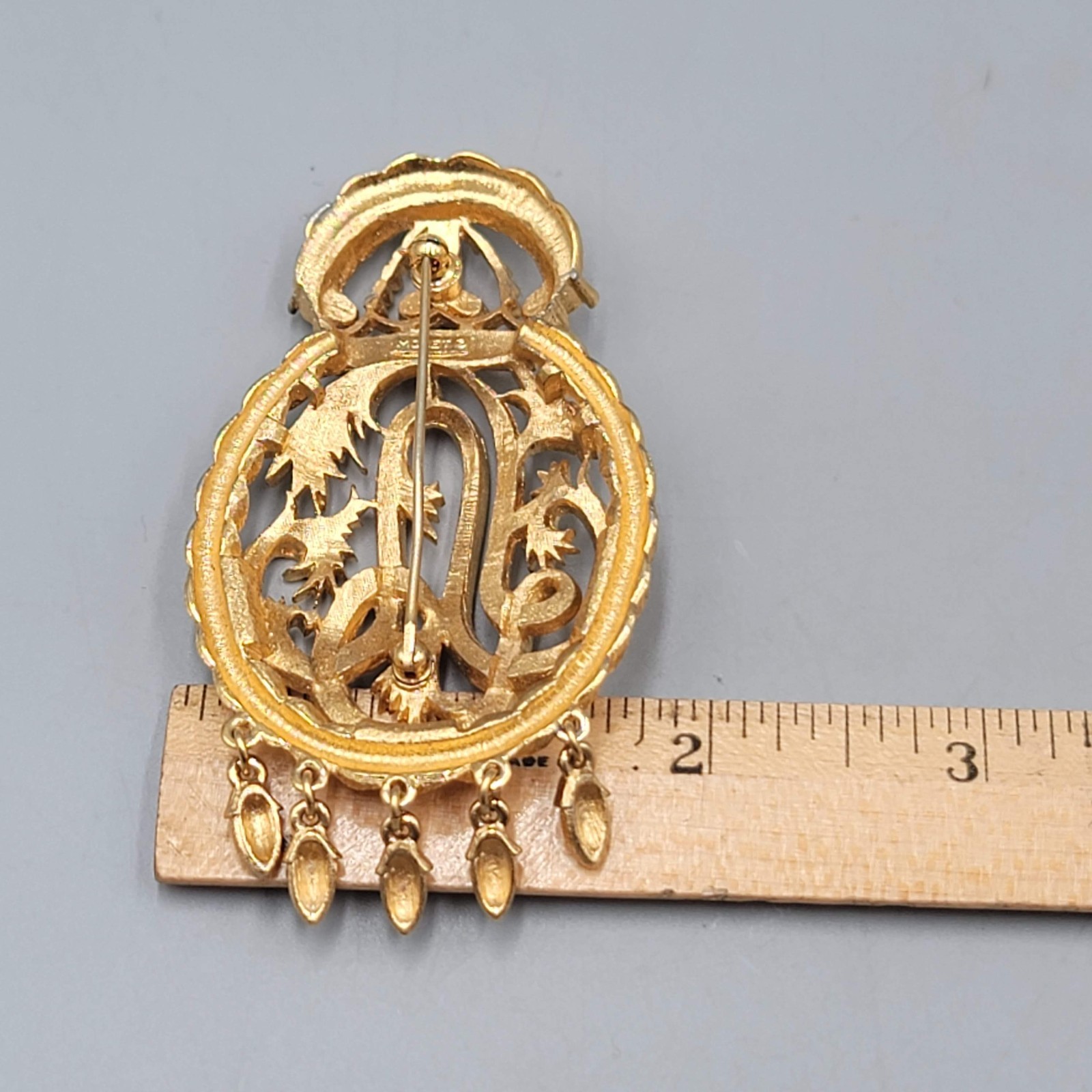 Vintage Monet Textured Gold Floral Brooch Dangling Chain Tassels 3″