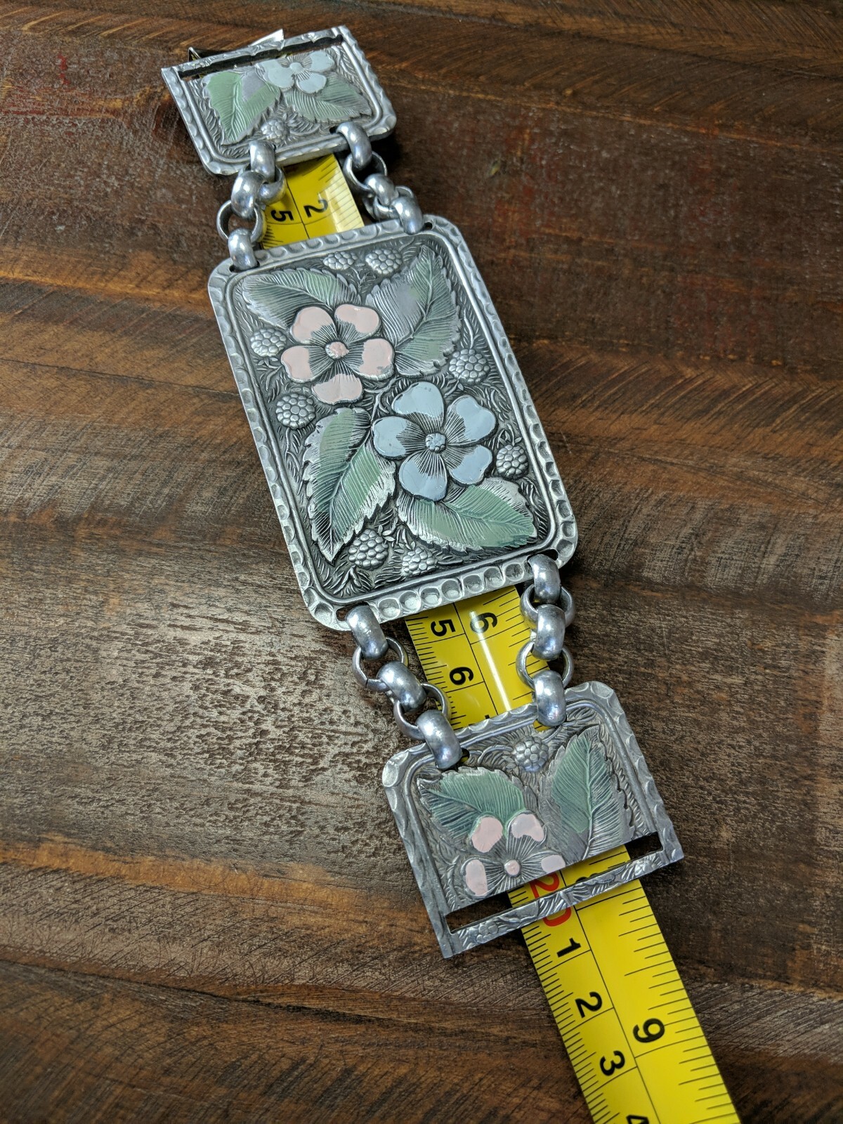 1940s Hammered Aluminum Arts&Crafts Belt Extension? Dogwood Raspberries Enamaled