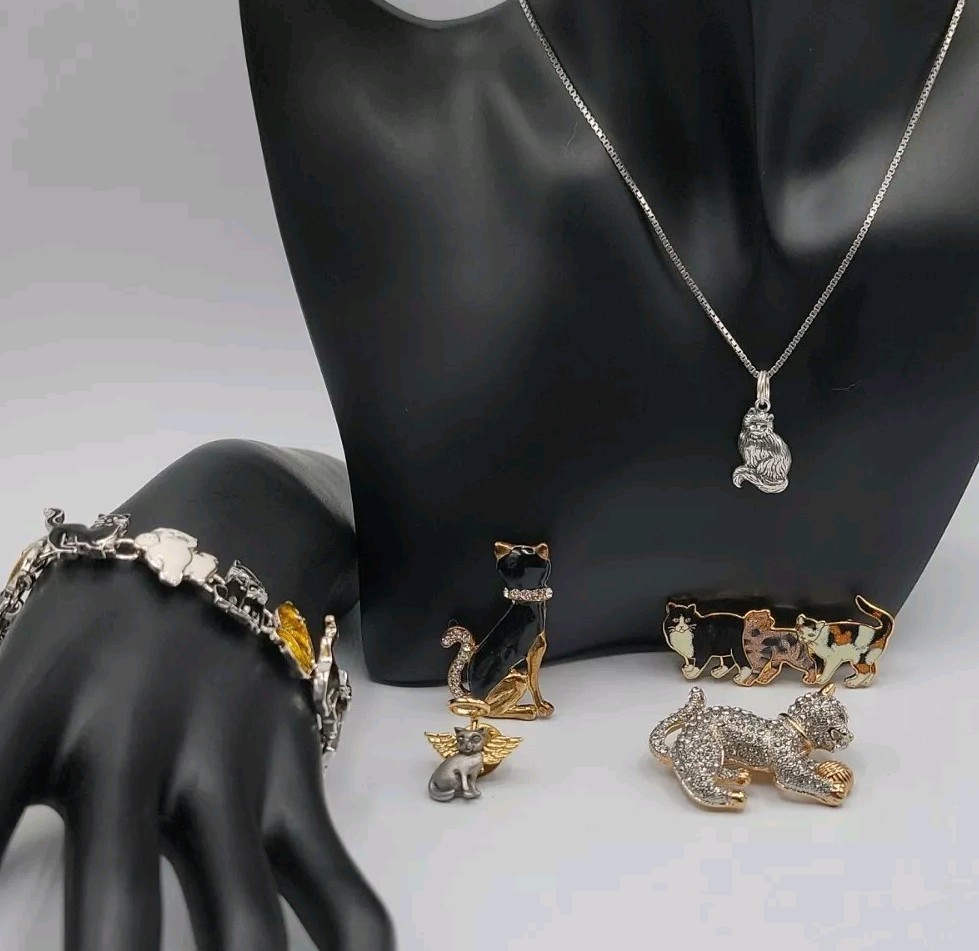 Cat Jewerly Lot 4 Kitty Pins Brooches Bracelet Sterling Silver Necklace