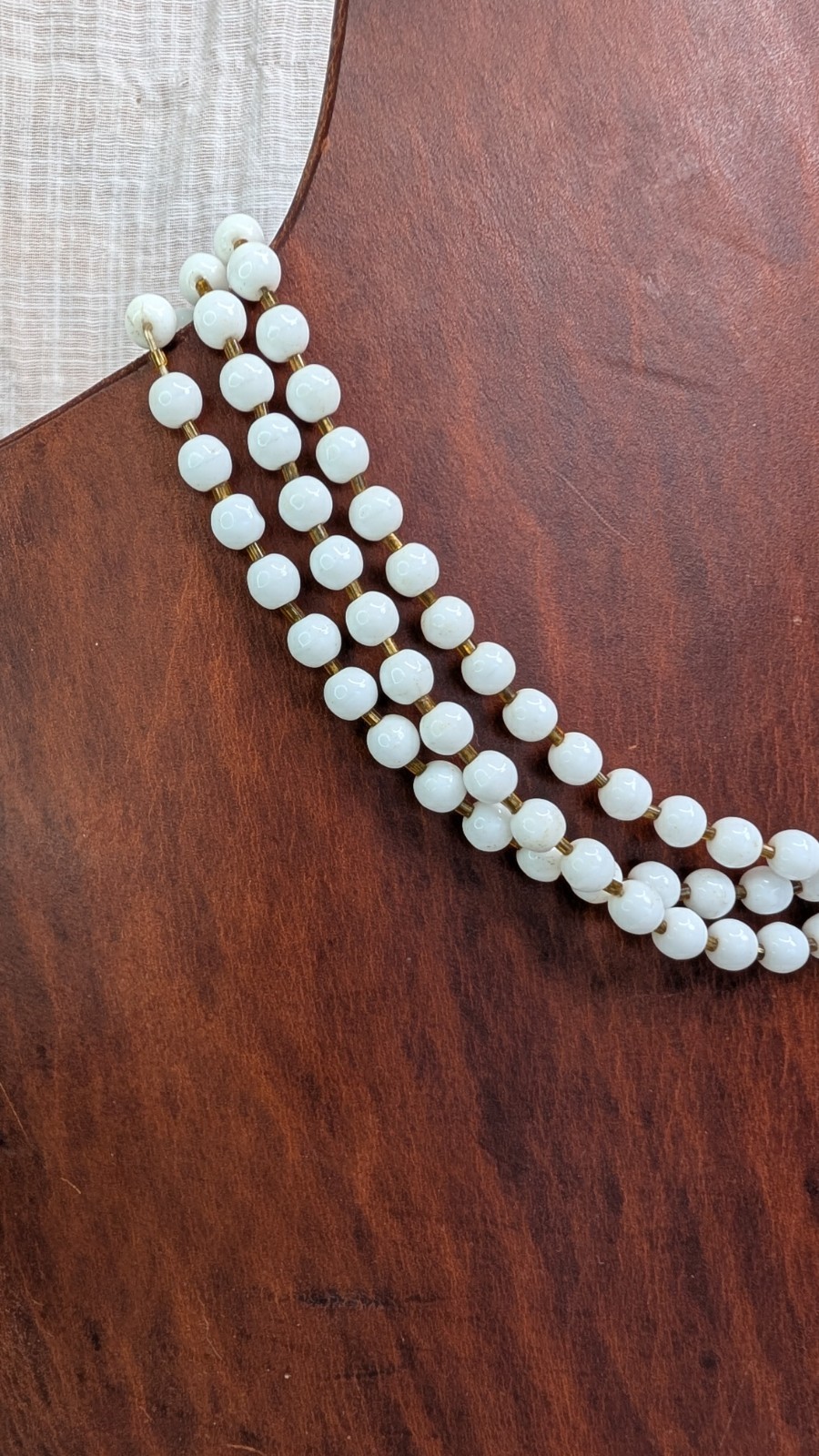 1950s Milk Glass Necklace Triple Strand With Brass Tulip Caps Glass Clasp 16.5in
