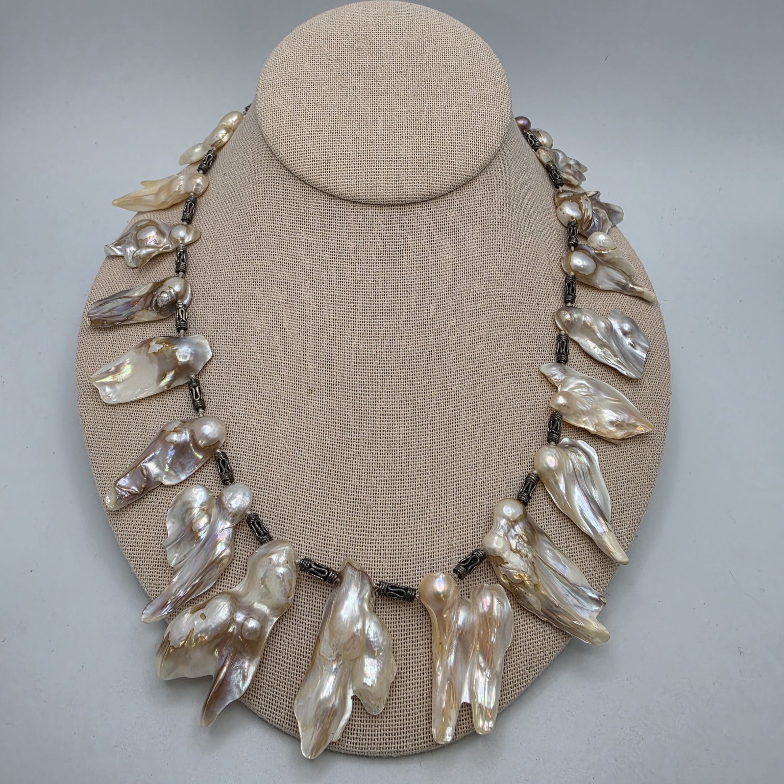 Vtg Blister Pearl Shell Necklace Statement Fringe Sterling Bali Bead